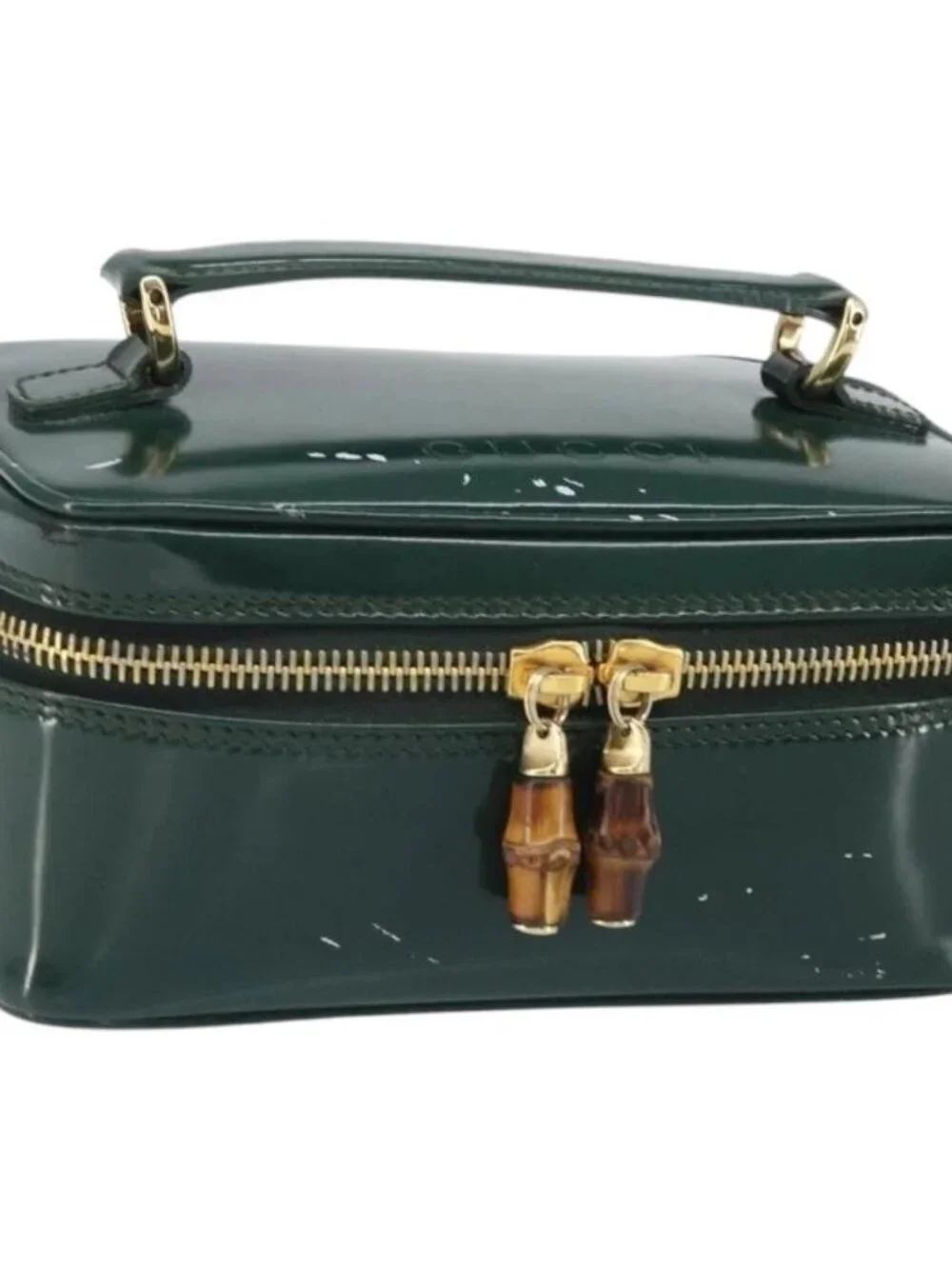 GUCCI Bamboo Vanity Pouch Patent leather Green Gold 032 1956 0151 Auth 171655